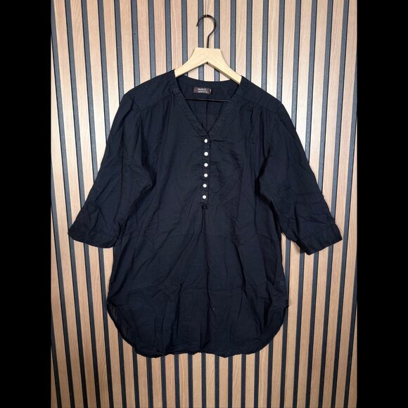 Galeries Lafayette Tunic Top Large / XL Womens Black 100% Cotton Henley Popover - Picture 1 of 7